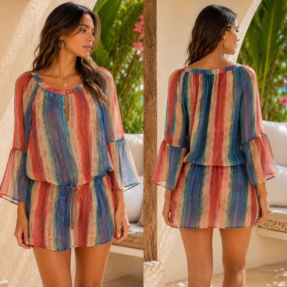 Vix Paula Hermanny 100% Silk Striped Cover-Up Tunic Bell Sleeve Size S - Picture 12 of 12